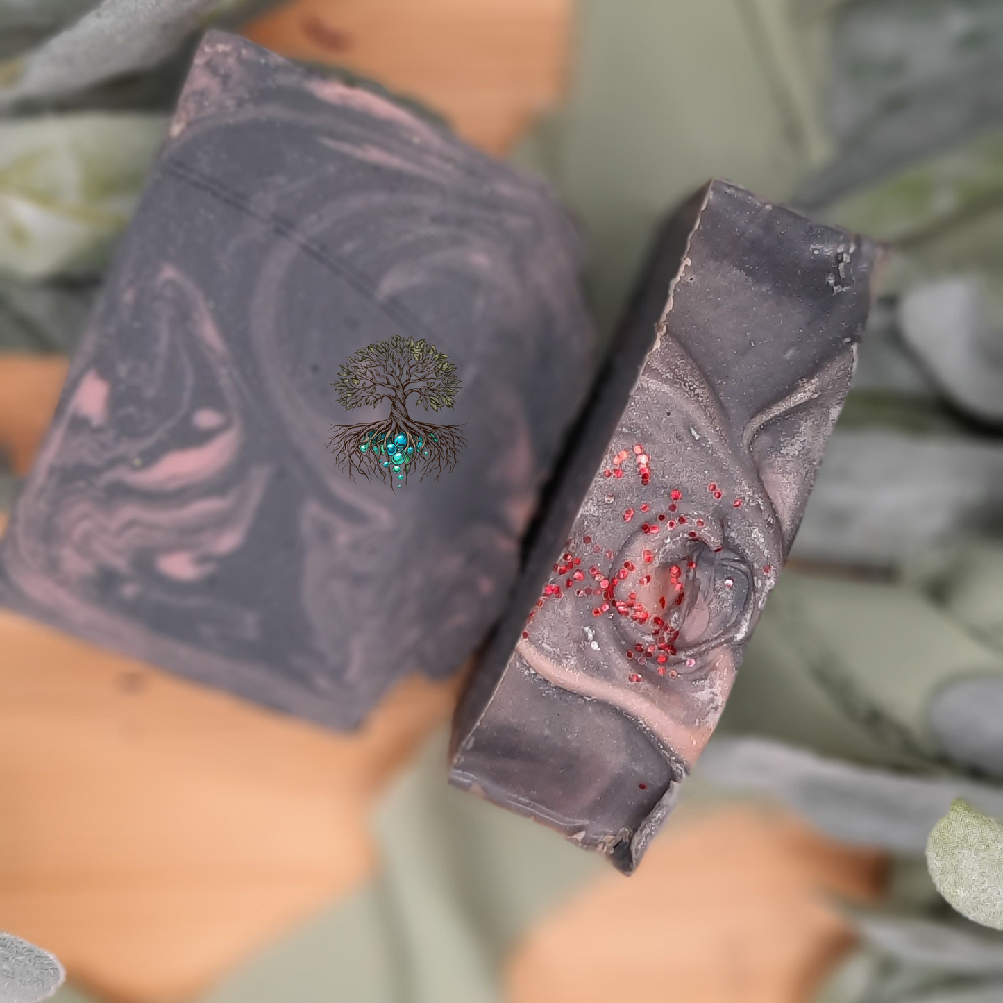 black and pink swirl in this hemp soap bar. Hemp soap bar is topped with red biodegradable glitter.